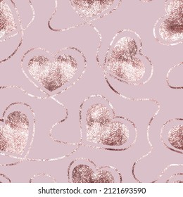 Heart seamless pattern. Repeated rose gold packing. Background for love printing. Repeating pink golden foil. Marble hearts for design prints, gift wrappers. Elegant printed. Vector illustration