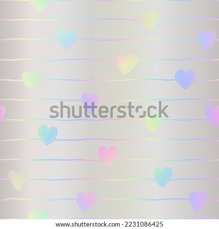 Heart seamless pattern. Repeating holographic texture. Repeated iridescent background for design girls prints. Repeat hologram hearts printed. Abstract metallic foil printing. Vector illustration