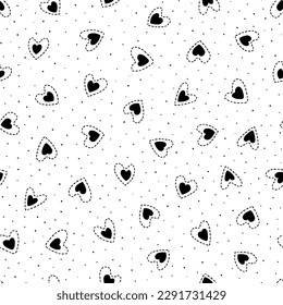 Heart seamless pattern. Repeating love background. Repeated scattered hearts for design prints. Scattering graphic motif. Repeat lattice. Randomly ornament. Decorative elements. Vector illustration