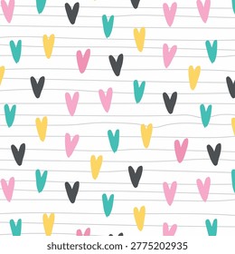Heart seamless pattern. Repeating love background. Repeated scattered hearts for design prints. Scattering graphic motif. Repeat lattice. Randomly ornament. Decorative elements. Vector illustration
