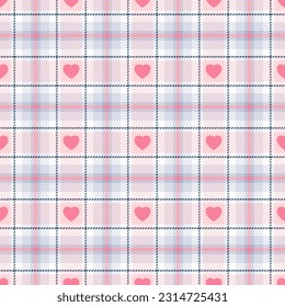 Heart seamless pattern. Repeating plaid tartan pink color. Check design for prints. Repeated scottish flannel. Madras fabric. Modern wool lattice. Repeat abstract ekose woven. Vector illustration