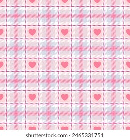 Heart seamless pattern. Repeating plaid hearts pink color. Check tartan for design prints. Repeated scottish flannel. Madras fabric. Wool lattice. Repeat abstract ekose woven. Vector illustration