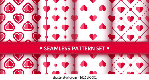 Heart seamless pattern set. Love, valentine's day, wedding, romantic symbol. Cute pink, red hearts signs, repeat ornament background for paper wrap, fabric print, wallpaper decor. Vector illustration
