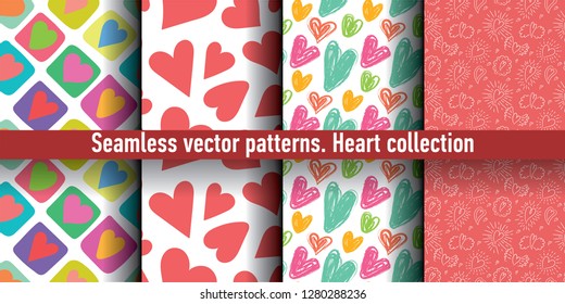 Heart seamless pattern set. Vector love illustration. Valentine's Day, Mother's Day, wedding, scrapbook, gift wrapping paper, textiles. Color background