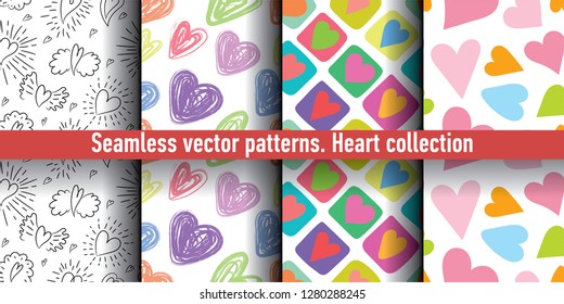 Heart seamless pattern set. Vector love illustration. Valentine's Day, Mother's Day, wedding, scrapbook, gift wrapping paper, textiles. Color background