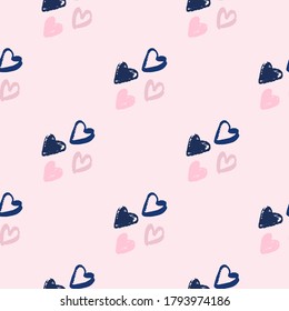 Heart seamless pattern. Simple love figures in pink and navy blue tones on soft light background. Great for wallpaper, textile, wrapping paper, fabric print. Vector illustration.