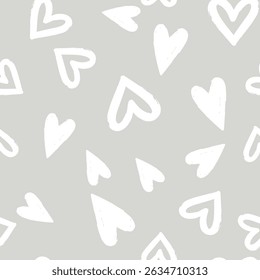 Heart seamless pattern texture. Valentines day illustration of romantic white hand-drawn hearts on pastel gray background. Wedding brushstroke repeating print design.