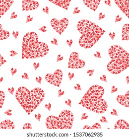 Heart. Seamless pattern. Valentine's Day. On a white background hearts. Hearts are made in stained glass style from multi-colored triangles. Vector illustration.
