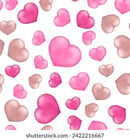 Heart seamless pattern. Valentines Day background. Pink realistic 3d hearts. Vector template for textile, fabric, wallpaper, wrapping paper, scrapbooking, etc.