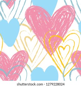 Heart seamless pattern. Vector love illustration. Valentine's Day, Mother's Day, wedding, scrapbook, gift wrapping paper, textiles. Doodle chalk sketch. Colorful background