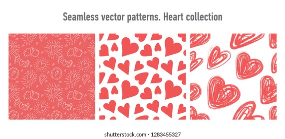 Heart seamless pattern. Vector love illustration. Valentine's Day, Mother's Day, wedding, scrapbook, gift wrapping paper, textiles. Red background. Brush, pencil, chalk