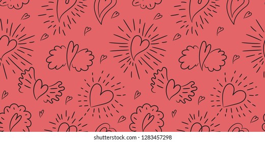 Heart seamless pattern. Vector love illustration. Valentine's Day, Mother's Day. Wedding, scrapbook, gift wrapping paper, textiles. Doodle sketch. Color background