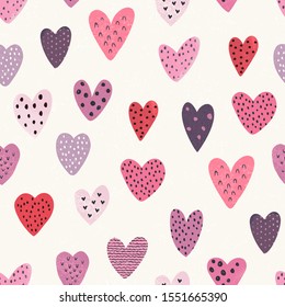 Heart seamless pattern, vector love illustration on ivory background with old texture of random hearts.