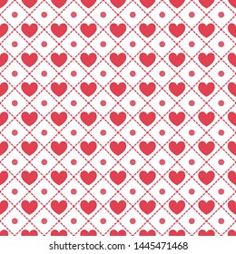 Heart seamless pattern vector. Red hearts, decorative dots, and dashed lines on isolated white background. For children fabric, backdrop, textile, wallpaper, Valentine Day. Printable CMYK colors.