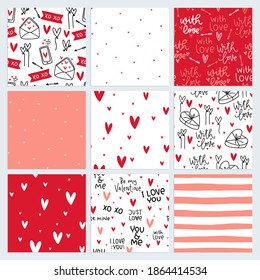 Heart seamless pattern vector set for Valentines day gift wrapping. Red, coral, peach pink love themed lettering and images design.