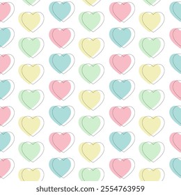 Heart seamless pattern.Love repeat pattern with colorful pastel cute hearts isolated on white background.Vector graphic illustration wallpaper for valentine, wedding, anniversary, birthday.