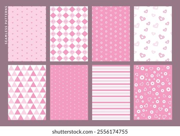 Heart seamless patterns clipart set. Endless and continuous pattern clip art with heart, diamond, circle and flowers shapes wallpaper collection. Vector illustration pink seamless background.  
