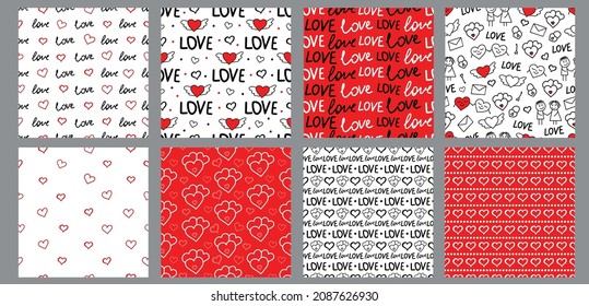 Heart seamless patterns set. Love digital paper pack. Valentine's day background. Vector illustration. 