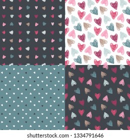 Heart in seamless patterns. Vector illustration set.