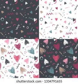 Heart in seamless patterns. Vector illustration set.