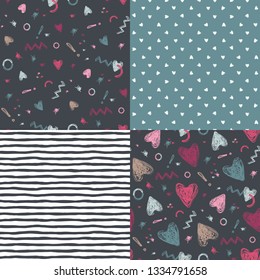 Heart in seamless patterns. Vector illustration set.