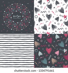Heart in seamless patterns. Vector illustration set.
