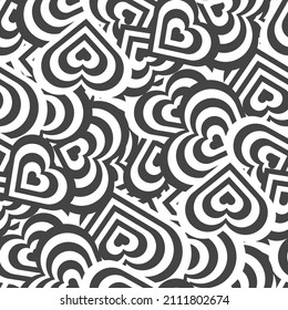 Heart seamless vector pattern, repeating texture. Monochrome striped hearts, scattered randomly. Universal background for Valentine's Day, wedding, holiday wrapping, love cards.