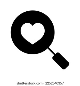 Heart search glyph icon. Valentines day symbol. Vector illustration, romance elements. Sticker, patch, badge, card for marriage, wedding