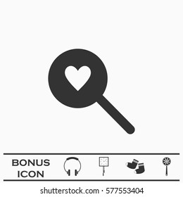 Heart search icon flat. Black pictogram on white background. Vector illustration symbol and bonus button