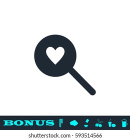 Heart search icon flat. Black pictogram on white background. Vector illustration symbol and bonus button