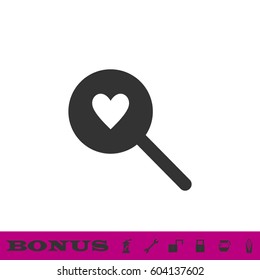 Heart search icon flat. Black pictogram on white background. Vector illustration symbol and bonus button