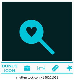 Heart search icon flat. Blue pictogram on dark background. Vector illustration symbol and bonus icons