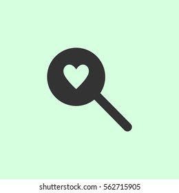 Heart search icon flat. Grey vector symbol on green background