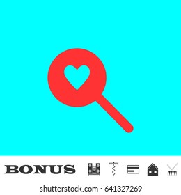 Heart search icon flat. Red pictogram on blue background. Vector illustration symbol and bonus buttons Music center, corkscrew, credit card, house, drum