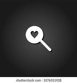 Heart search icon flat. Simple White pictogram on black background with shadow. Vector illustration symbol
