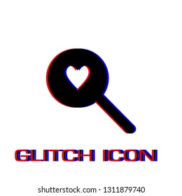 Heart search icon flat. Simple pictogram - Glitch effect. Vector illustration symbol