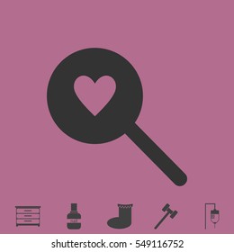 Heart search icon flat. Simple vector grey pictogram and bonus symbol