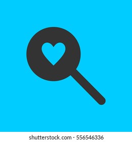 Heart search icon flat. Simple vector black pictogram on blue background