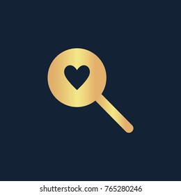 Heart search icon flat. Simple gold pictogram on dark background. Vector illustration symbol