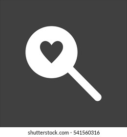 Heart search icon flat. Vector white illustration isolated on black background. Flat symbol