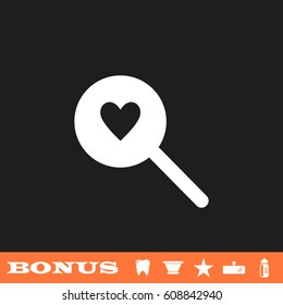 Heart search icon flat. White pictogram on black background. Vector illustration symbol and bonus button tooth, vase, star, mirror, bottle