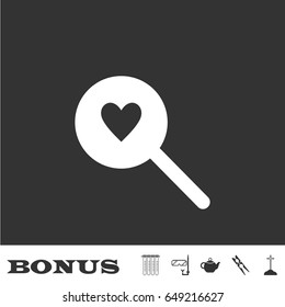 Heart search icon flat. White pictogram on black background. Vector illustration symbol and bonus icons
