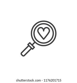 Heart search outline icon. linear style sign for mobile concept and web design. magnifying glass and heart simple line vector icon. Symbol, logo illustration. Pixel perfect vector graphics