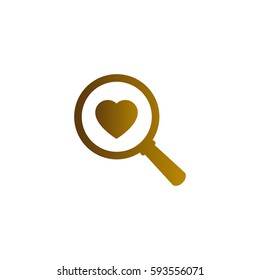 heart search tool icon, lover search, love finding, golden search tool and heart flat icon on white background