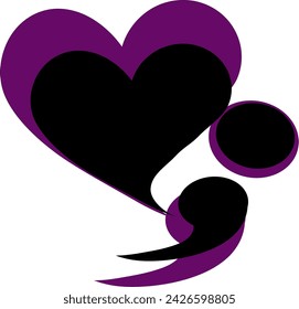 Heart and semi colon vector drawing in black and purple colors