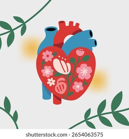 A heart with a sense of design blooms into vibrant flowers, surrounded by lush leaves.