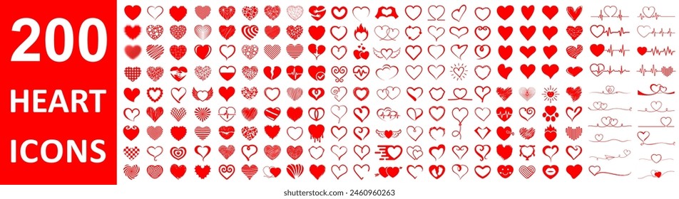 Heart set 200 icons, unique different hearts drawn hand collection, continuous line cute hearts, heart beat pulse one line