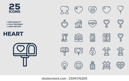 Heart set of 25 outline icons related to Fitness. Linear icon collection. Editable stroke. Vector illustration