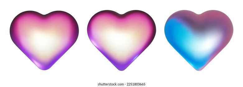 Heart set. 3d pink blue candy metallic balloon shapes. Love icon for st valentine, mother, father day holografic vector elements on white.