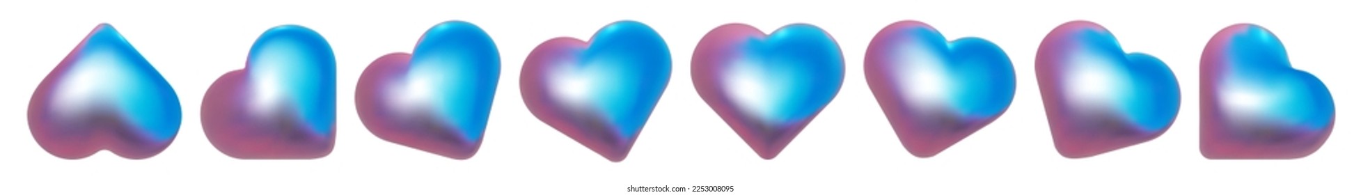 Heart set. 3d pink blue candy metallic balloon shapes. Love icon for st valentine, mother, father day holografic vector elements on white.